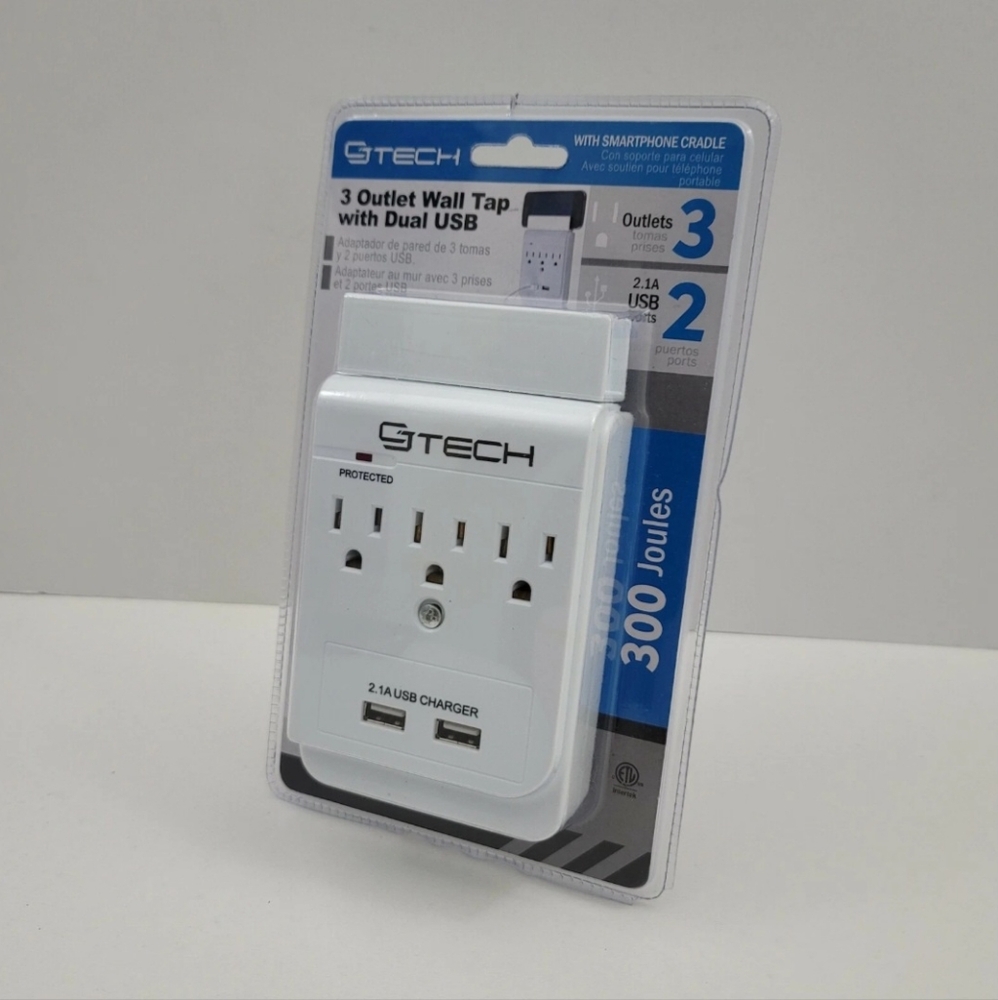 CJ Tech 3 Outlet Wall Tap with Dual USB & Smartphone Cradle New!